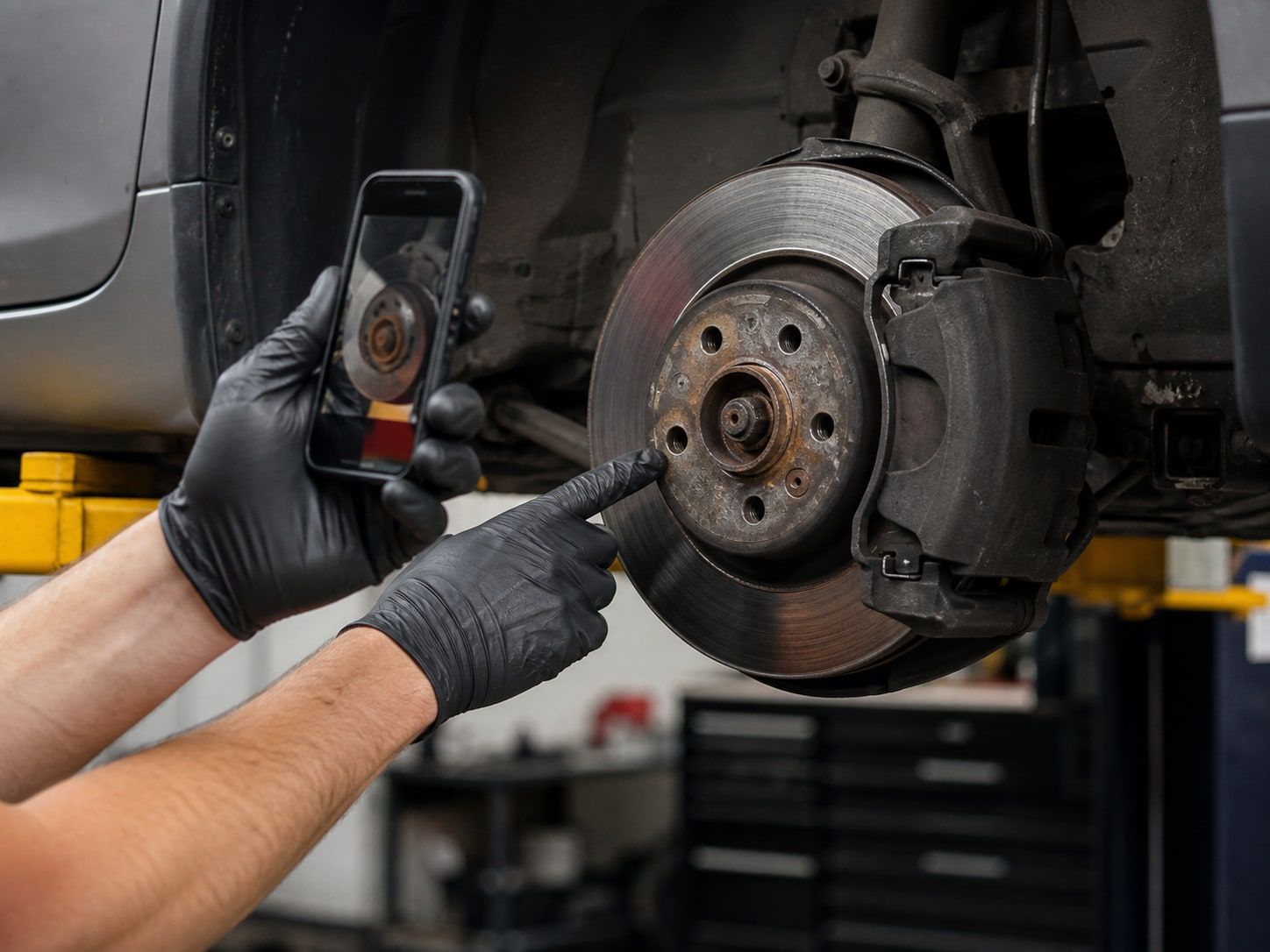 A technician photographing a brake assembly during an inspection