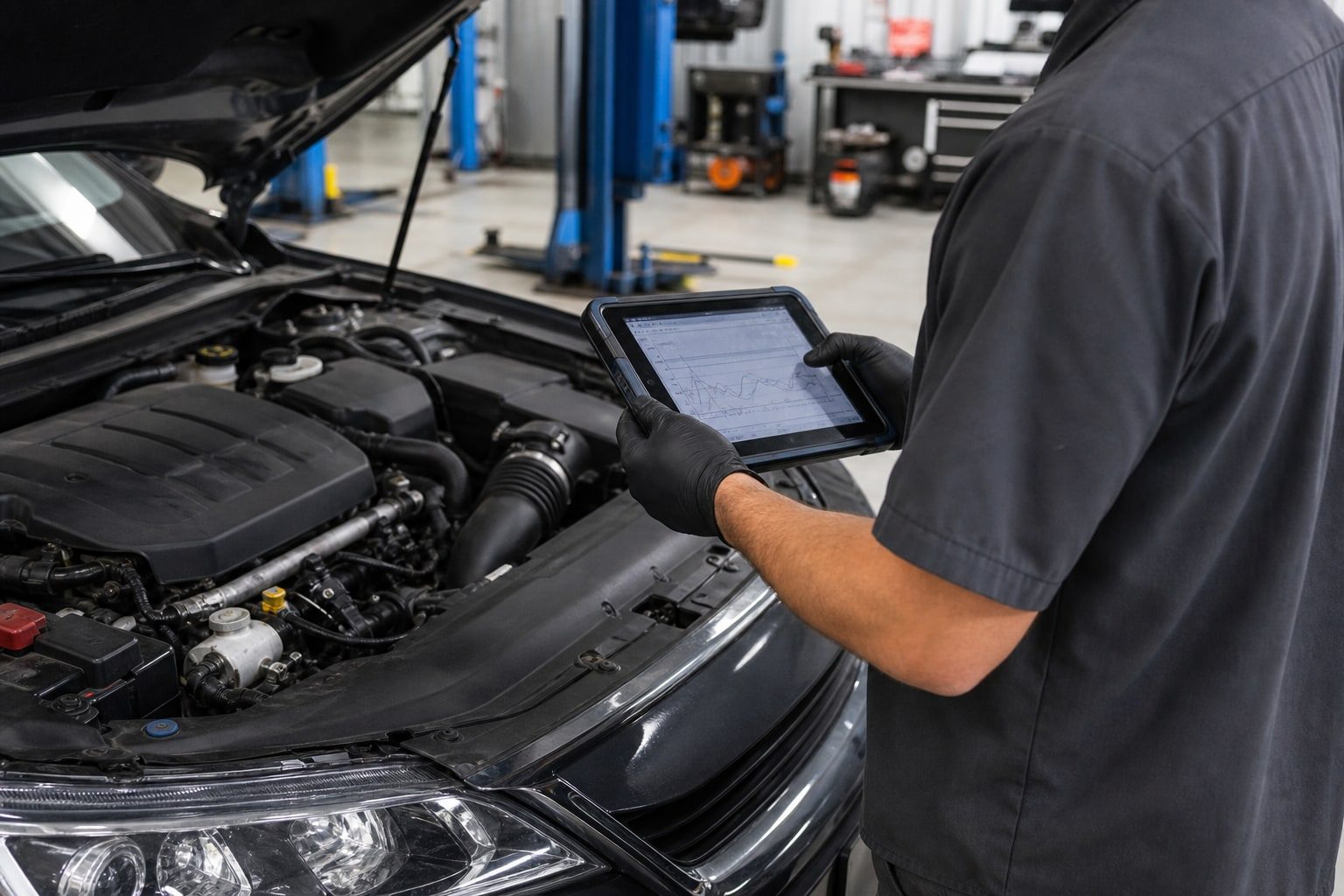 A technician using a diagnostic tablet beside an open engine bay